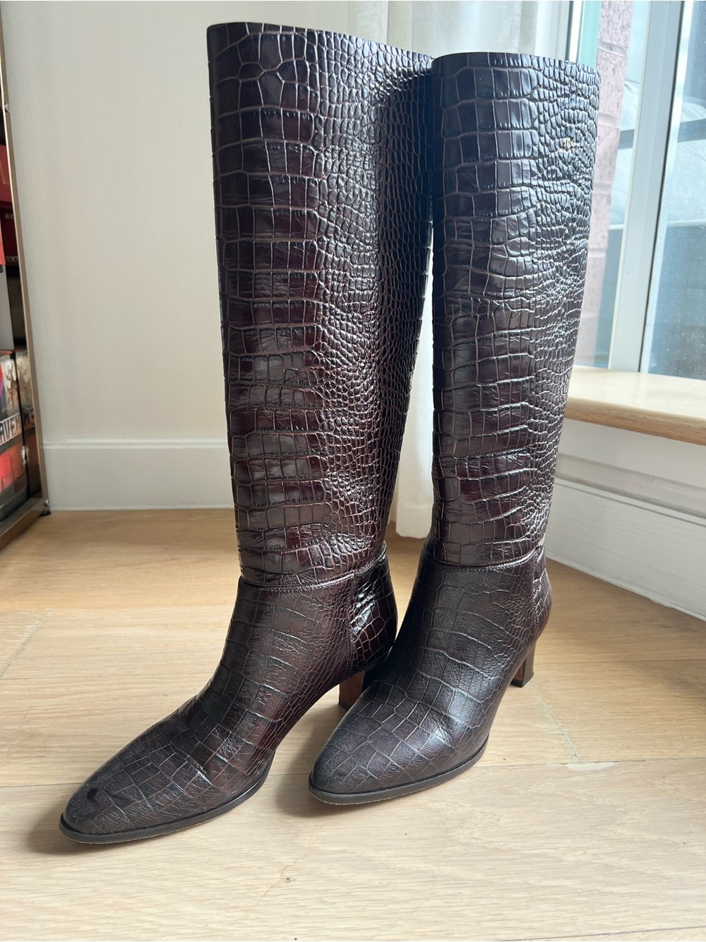 Polo Ralph Lauren Tall Brown Croc-Embossed Leather Knee-High Boots